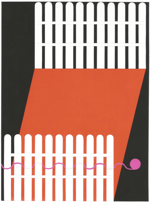 Kasper Bosmans, Legend: American Picket Fence and the Pink Thread, Gouache and silverpoint on poplar panel, 28 x 21 cm, 2021. Courtesy Gladstone Gallery and the artist.