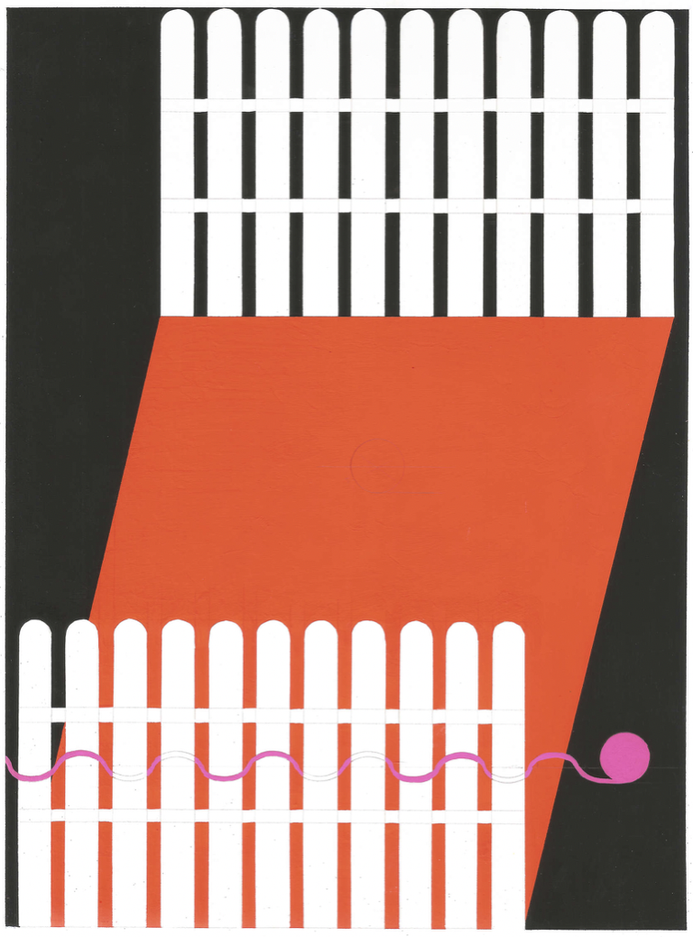 Kasper Bosmans, Legend: American Picket Fence and the Pink Thread, Gouache and silverpoint on poplar panel, 28 x 21 cm, 2021. Courtesy Gladstone Gallery and the artist.