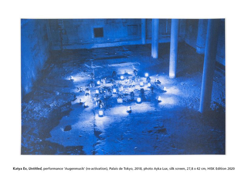 Katya Ev, Untitled, performance 'Augenmusik' (re-activation), Palais de Tokyo, 2018, photo Ayka Lux, silk screen, 27,8 x 42 cm, HISK Edition 2020