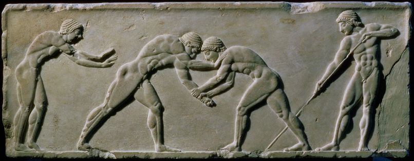 Greek Young men wrestling from a statue base found in the Dipylon Cemetery Athens c510 BC marble see also 60008 9 and 60011 Meister Drucke 183064