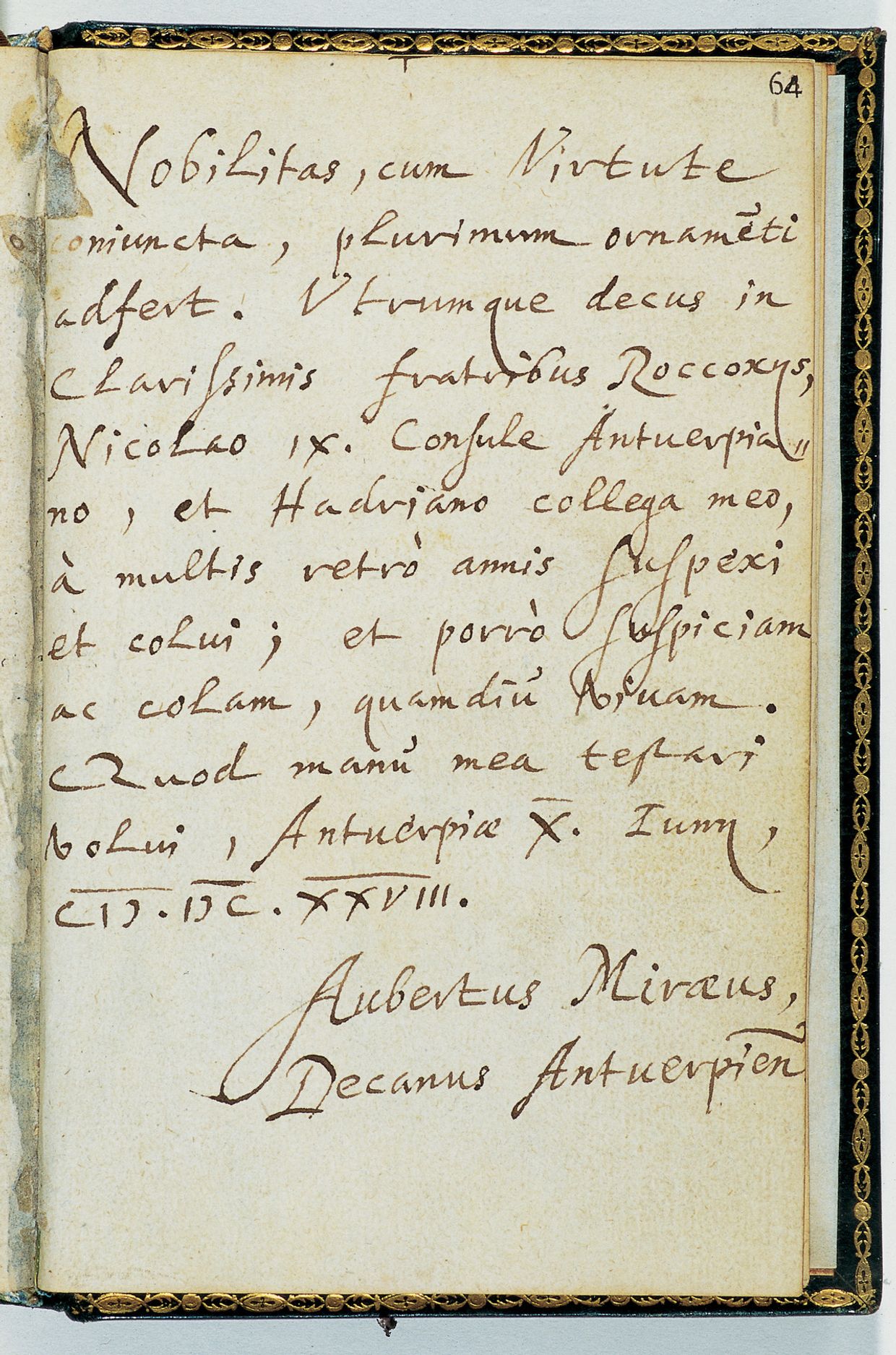 Folio 64 met de opdracht van Aubertus Miraeus aan beide broers Rockox