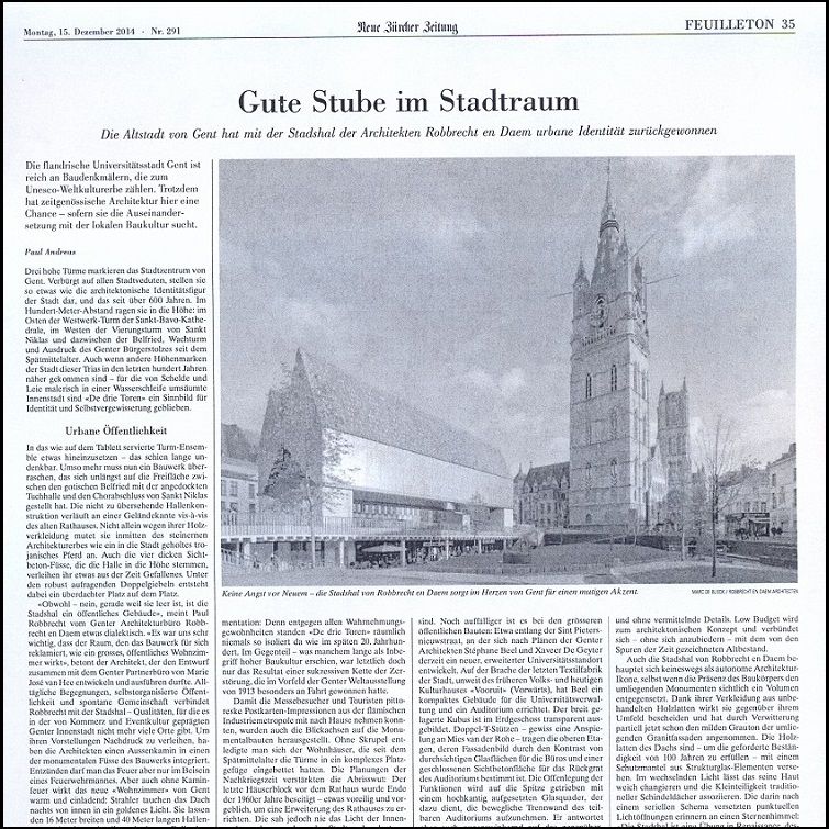 Gentse Stadshal in Zwitserse krant Neue Zürcher Zeitung