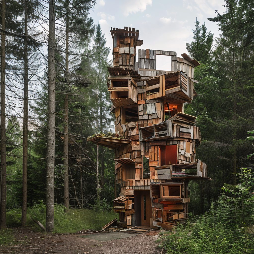 Timj a tower made with salvaged woods in the forest Beeld: De Warande